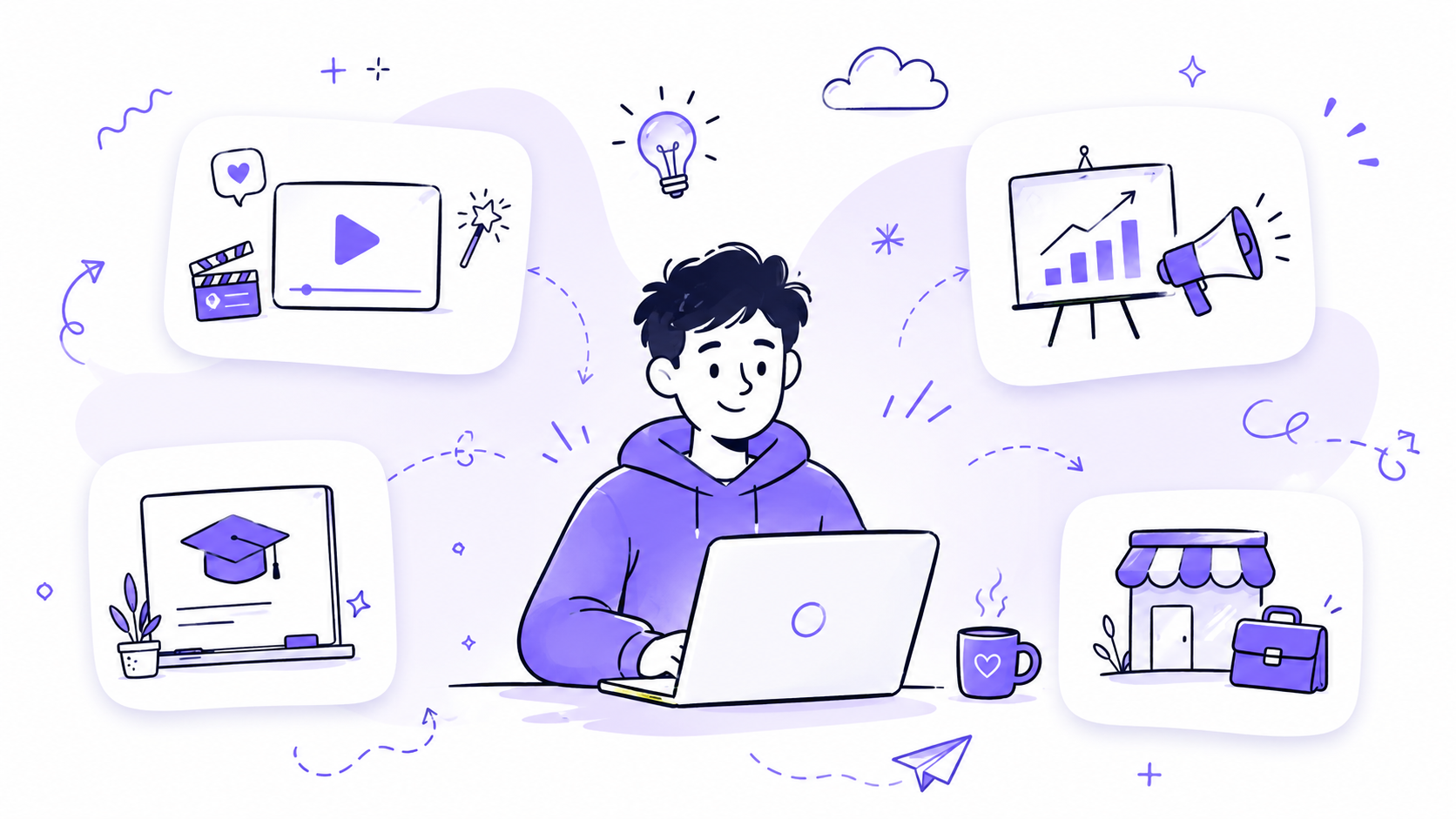 Illustration showing content creation, marketing, teaching, and small-business uses for creative video tools